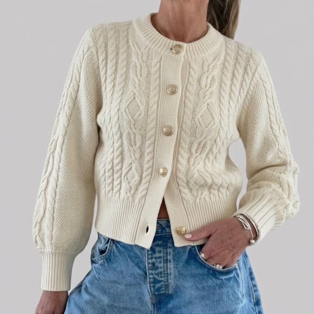 Cream Cable Knit Cardigan Gold Crest Button Crew Neck Sweater Ivory Cottagecore